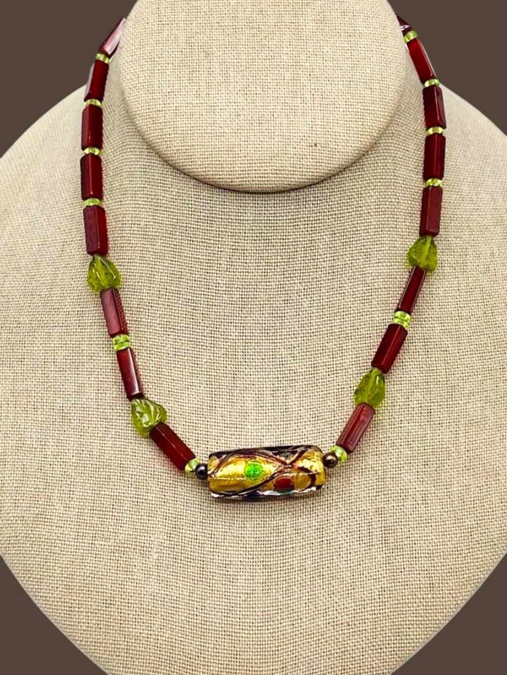 Vintage Artisan Murano Style Glass Foil Focal Bead Necklace Earth Tones